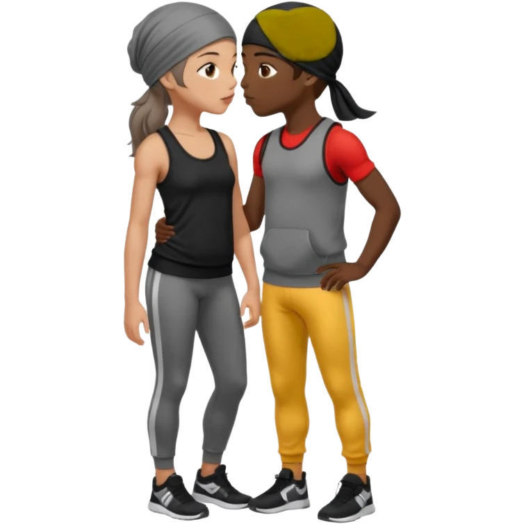 A girl with dark brown hair, light skin and blue wear black leggings and a black tank top kissing a boy with dark skin and a grey tracksuit wearing a du rag  emoji