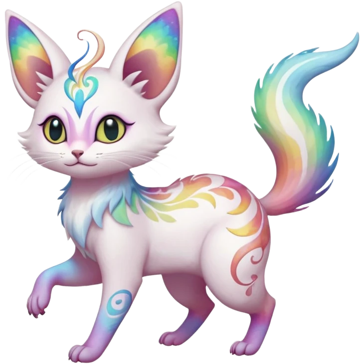 Pure-snow-White albino iridescent with pastel rainbow-gradients-color-markings with swirly patterns butterflies  faerie-Noivern-Noibat-Purloin-Torracat-Lykoi-Caracal-cat-Fakemon-fusion-hybrid-creature-jumping emoji