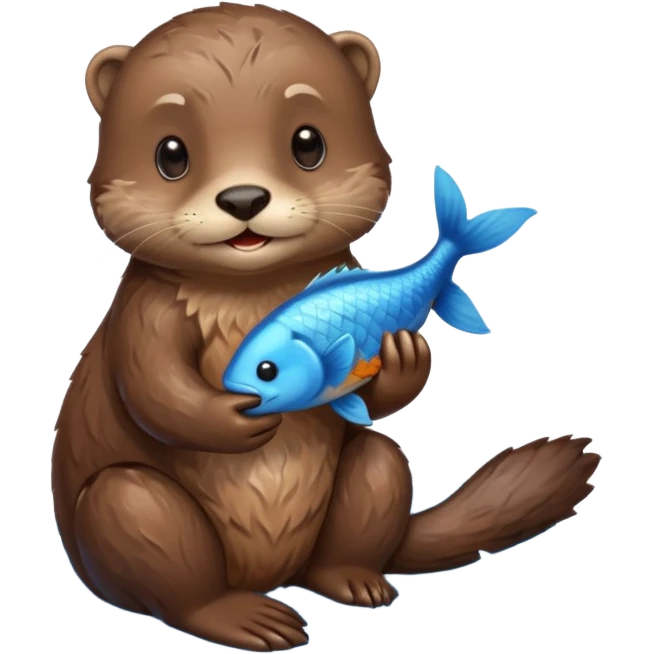 adorable otter floating on clearly visible blue water with waves, holding a fish emoji