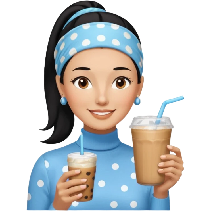 tan skin woman with long face, and very short black hair slicked back ponytail with forehead showing, with polka dot headband, wearing solid light blue turtleneck shirt, drinking iced coffee, smiling with middle parted hair emoji