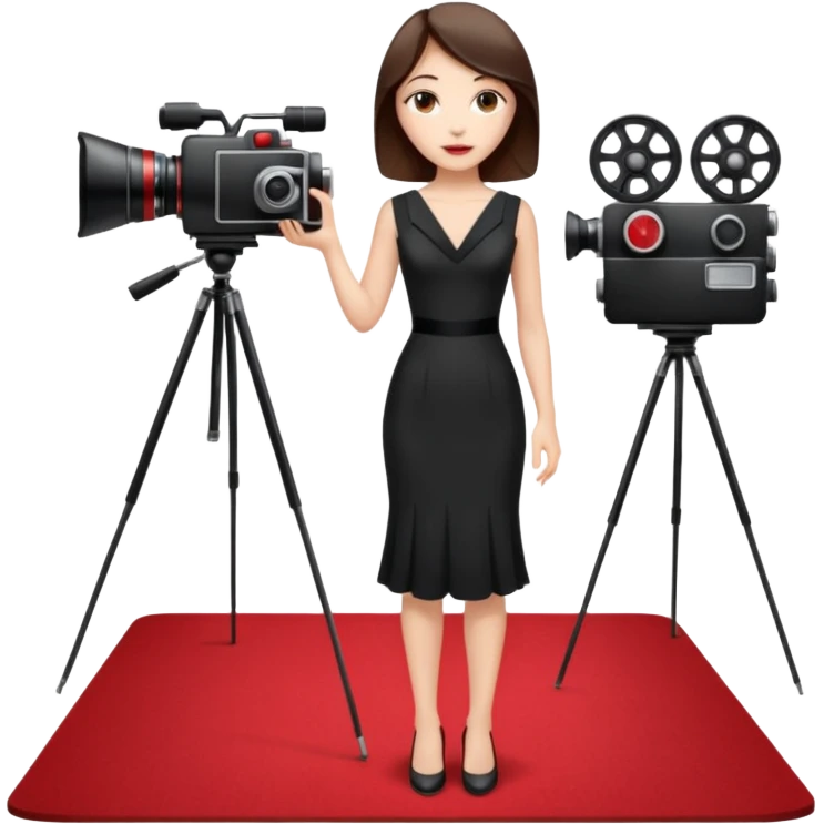 an actress standing on a red carpet with a formal dress, with a film camera next to her. emoji