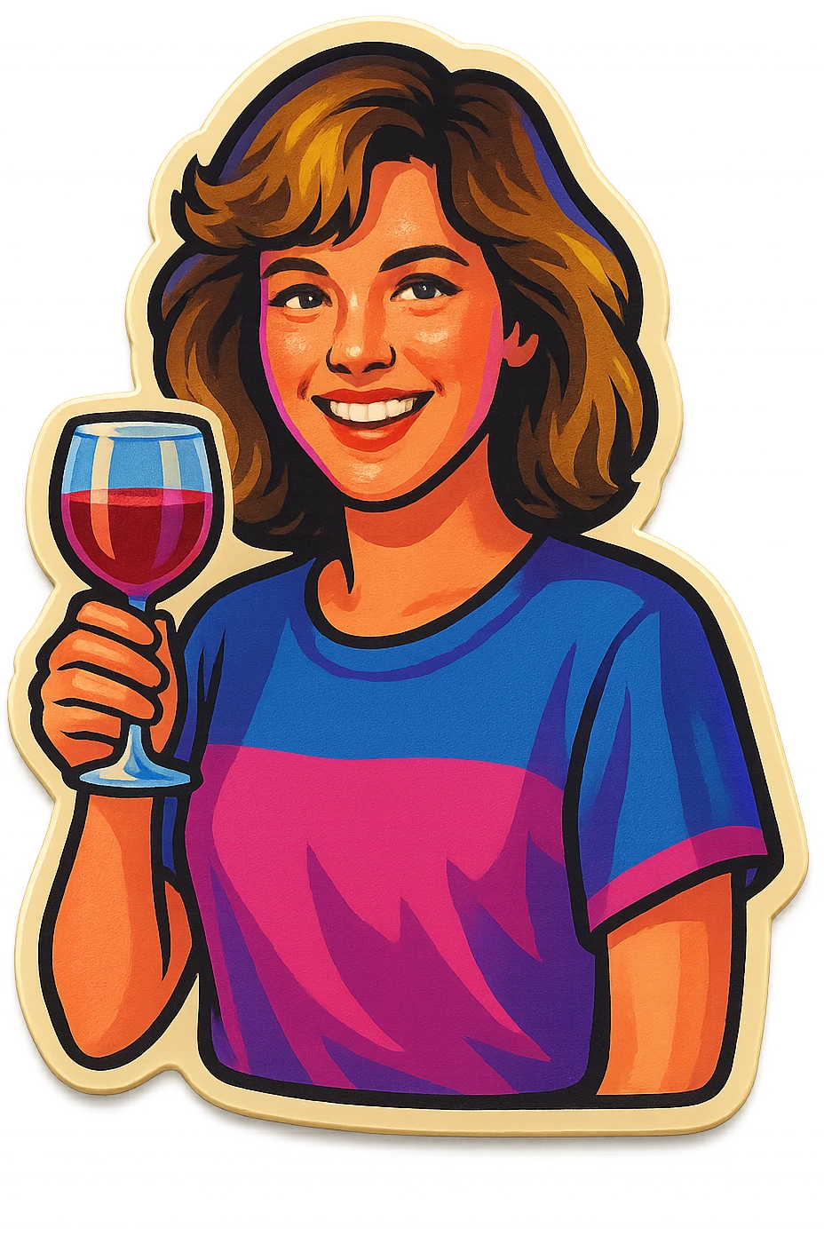 A sticker of a female friend with a glass of wine, smiling emoji