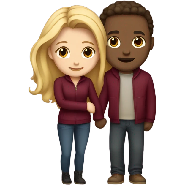 Cute couple hugging with burgundy clothes, she has blonde log hair and he has brown hair emoji