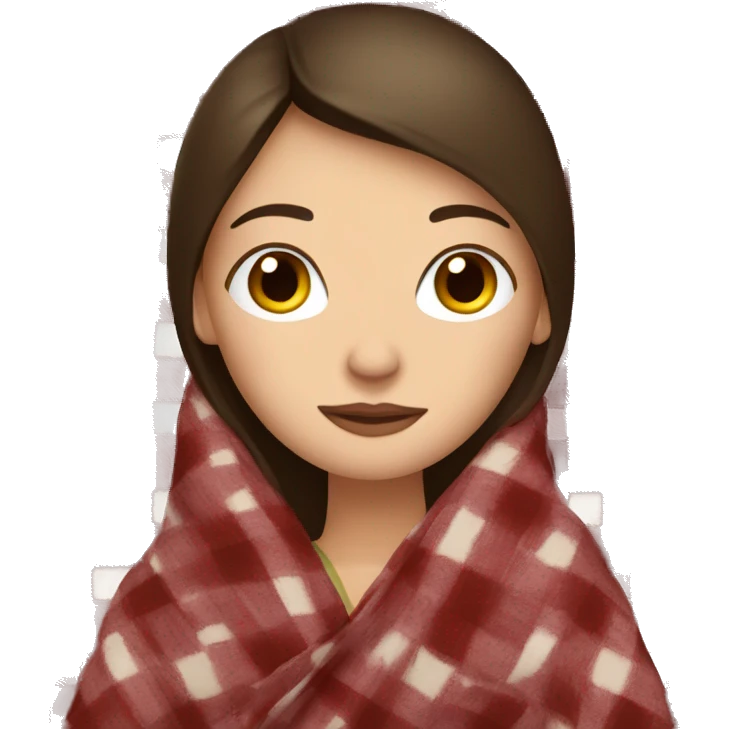 Brunette caucasian woman cuddled in a big plaid blanket emoji