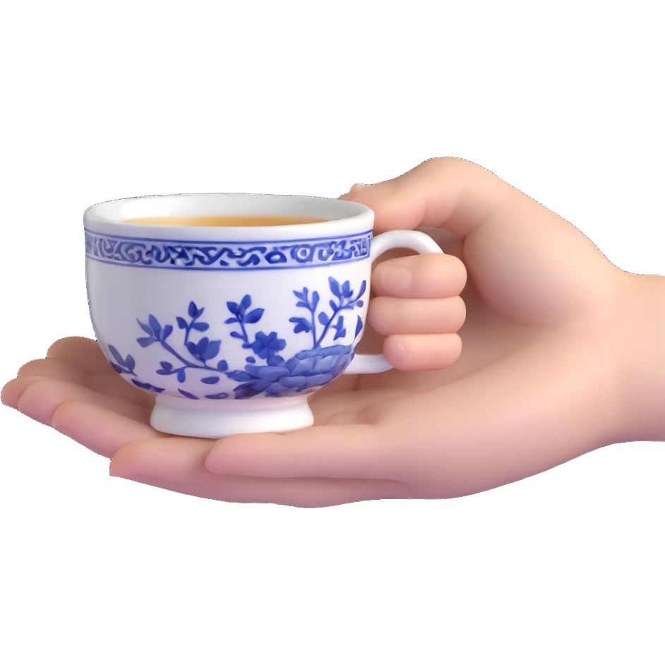 human hand holding a small traditional Chinese blue and white porcelain tea cup without handle emoji