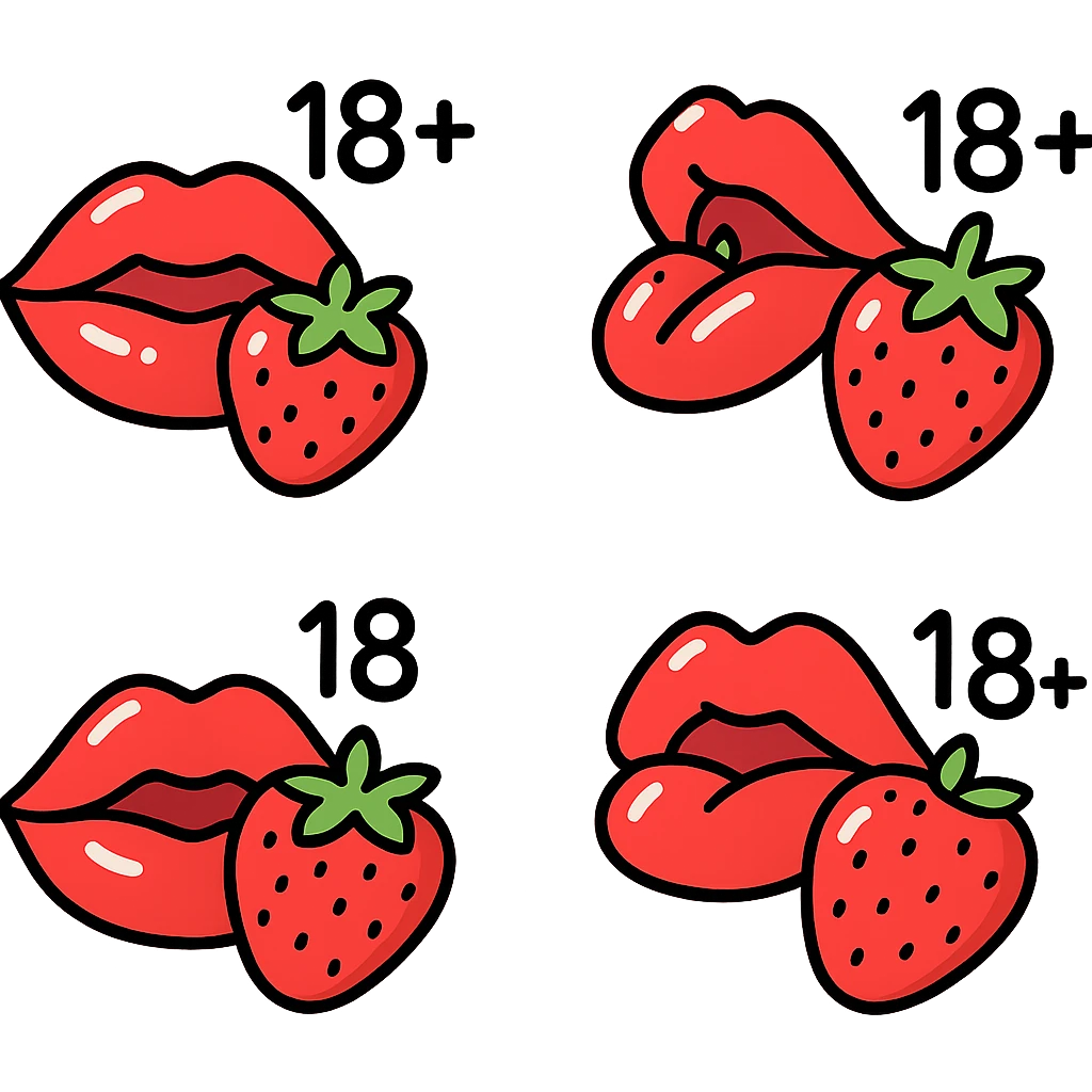vector-style drawing of juicy red lips holding a strawberry with '18+' text next to or above the lips, smooth rounded forms, expressive shadows and highlights for a glossy look, several variations of lips and strawberry placement emoji