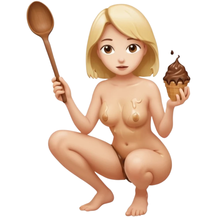 women squatting, full body naked showing brown icecream under her emoji