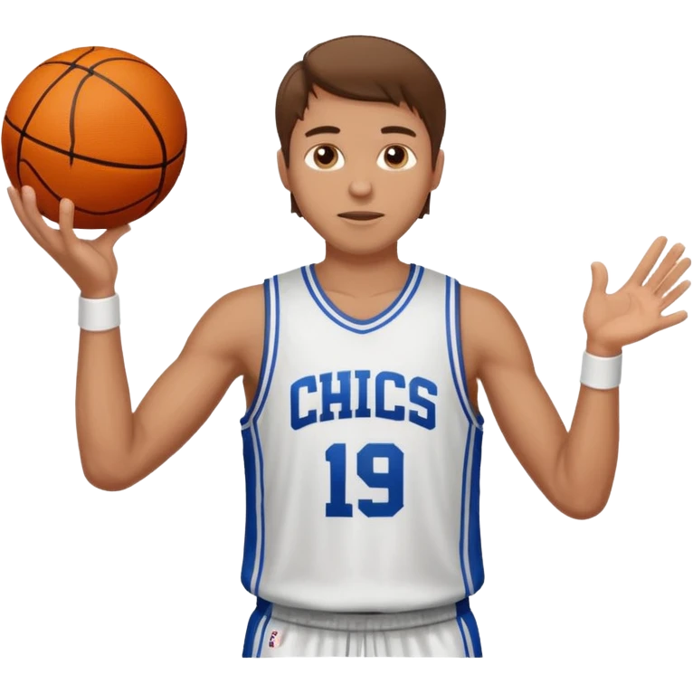 A white man with brown hair with a basketball, doing a layup emoji