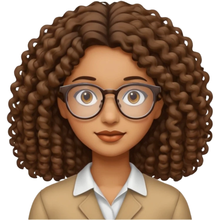 brown girl with wavy curly shoulder length hair. glasses, emoji