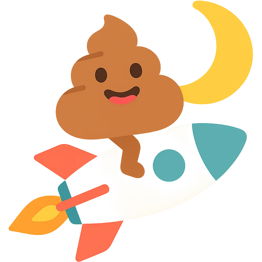 cartoon turd with lipstick sitting on a rocket flying toward the moon, colorful icon emoji