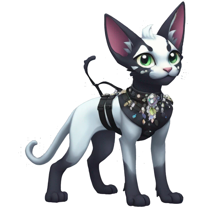 cool punk kawaii anime edgy distinguished pretty elegant beautiful fantasy black ethereal fantasy nargacuga-Noivern-sphynx-Quiana-Fakemon collar harness jewels full body emoji