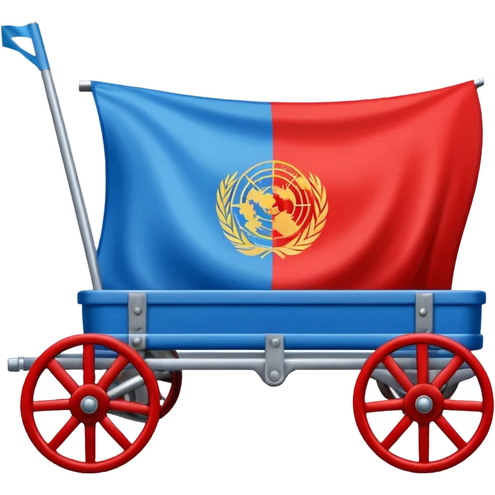 Un emoji drapeau rectangulaire avec la moitié du haut en bleu et l’autre moitié du bas en vert avec une roue de roulotte rouge au centre assez grande que la roue  emoji