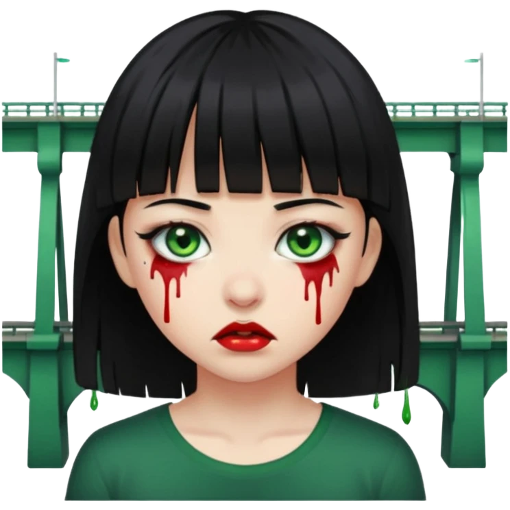 Guria com cabelo preto franjinha sangrando olhos verdes  fundo preto e um piercing bridgepiercing emoji