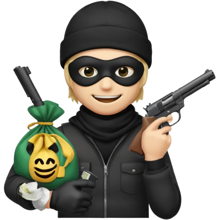 smiley robber wears black eye mask and black beanies with one money bag beside his right side emoji