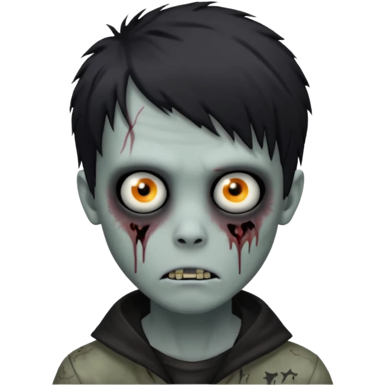 zombie boy, black shaggy emo hair, medium length, dark and creepy, unsettling face emoji