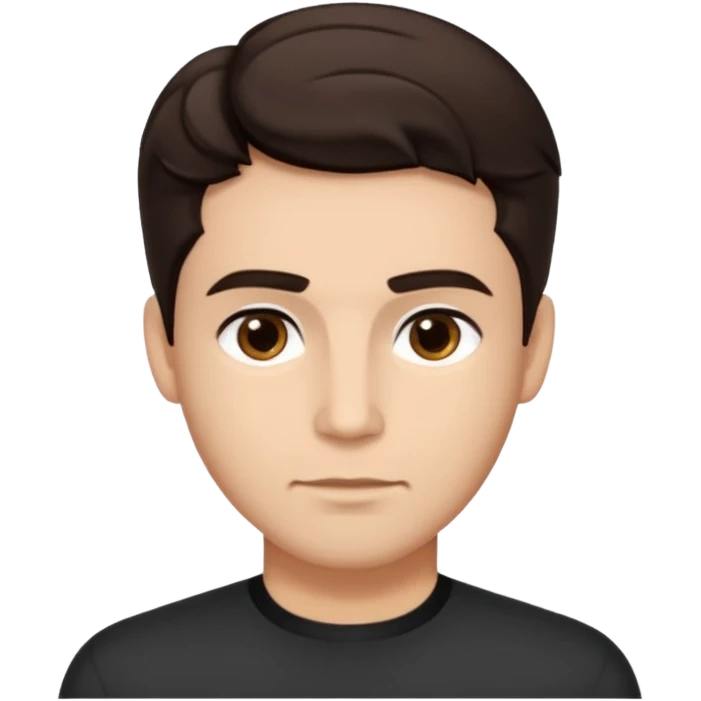 He’s a man with light to medium skin, a defined oval face, full brows, deep-set eyes, and wavy short dark brown hair styled with height, sides are trimmed. expression calm and focused relaxed black open-collar .polished, articulate, and trainer vibe. emoji