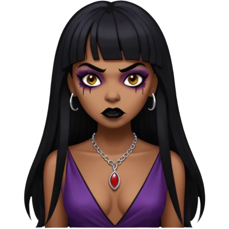 vampira gótica parda zumbi de cabelo longo e preto e franja e roupa com decote e batom preto e sobrancelha grossa emoji
