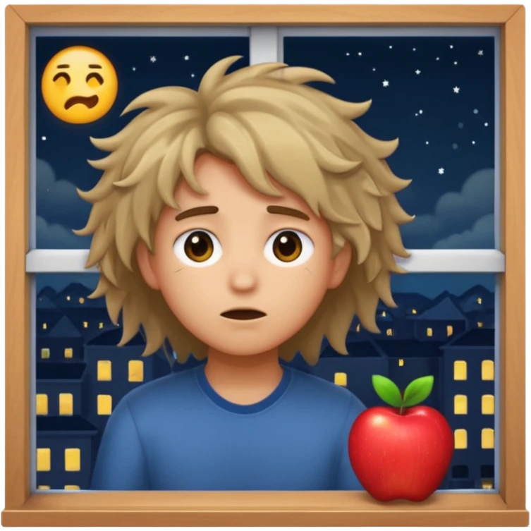 tired student with laptop, window at night behind, messy hair, apple style emoji emoji