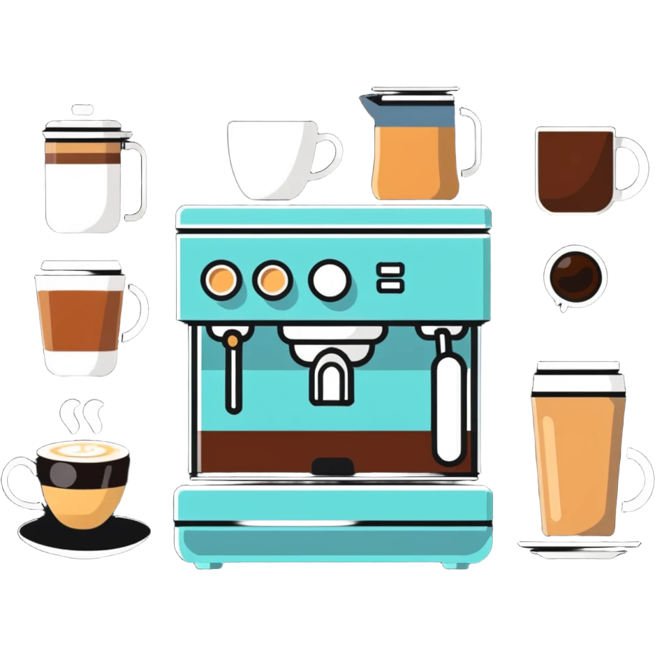 coffee shop items: espresso machine, milk frother, and coffee menu board emoji
