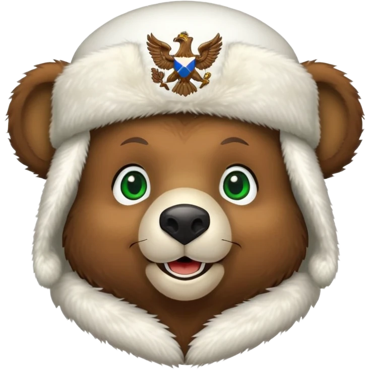 Endearing brown bear head with cute smile and bright green eyes, wearing white ushanka hat with detailed Russian eagle emblem in middle, iOS emoji style emoji