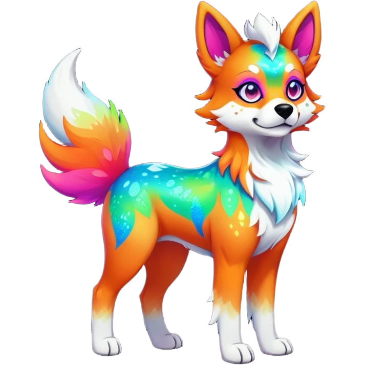 Vibrant multicolored neon-colored Falvie-Fionbri-creature-sparkle-dog-fursona, full body emoji