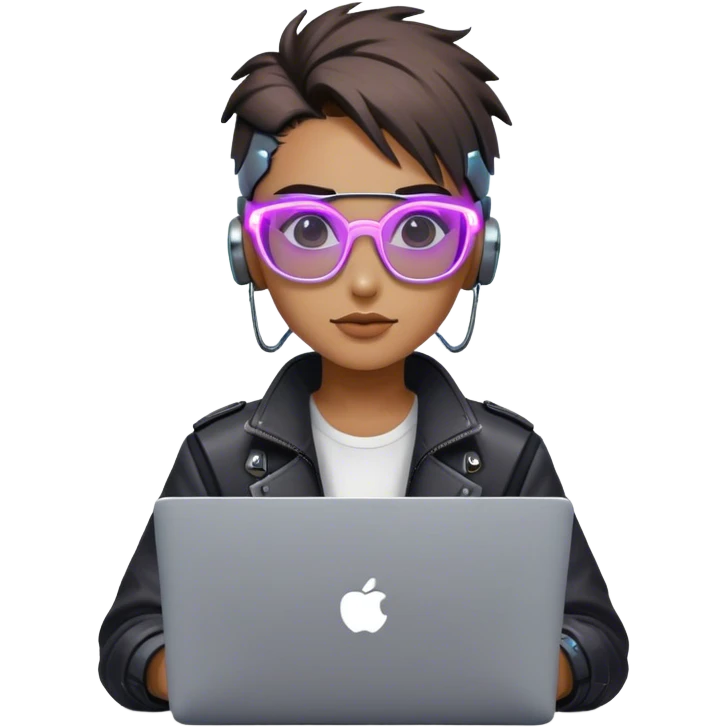 An emoji of a person with a laptop, but wearing cyberpunk glasses and with a slight neon glow emoji