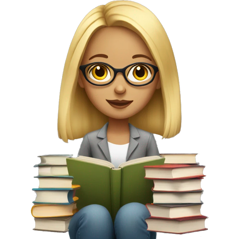 Blonde girl wearing glasses sitting surrounded by books  emoji