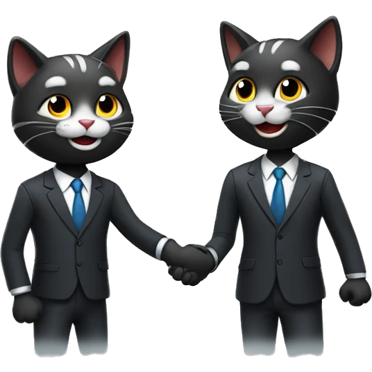Two dark colored, happy cats, shaking hands in suits both wearing headphones.   emoji