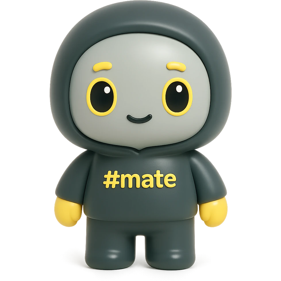 Chibi-style 3D kawaii character, plasticine or vinyl figure, matte, soft lighting. Large head, short limbs. Hoodie and body matte dark gray, face lighter gray. Hands, eyebrows, mouth, and eye outlines yellow. Eyes: yellow outline, black pupil with highlight. '#mate' on chest, # in yellow. White or off-white background, no text bubbles or borders. emoji