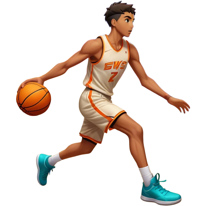 Cinematic Realistic image of a basketball captured in dynamic motion, with detailed surface textures and a slight motion blur, set against a vibrant urban backdrop with energetic lighting emoji