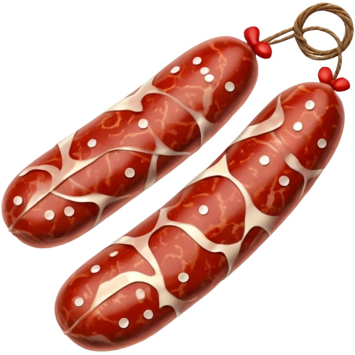 dry-cured sausage white-mottled casing tied with string sliced end marbled red meat and white fat round slices beside glossy speckled irregular edges soft lighting emoji scale emoji