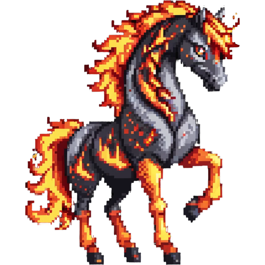 A red fire horse made of embers and magma, with visible lava flowing through its body, flames burning off its mane and tail, and ash particles surrounding it emoji