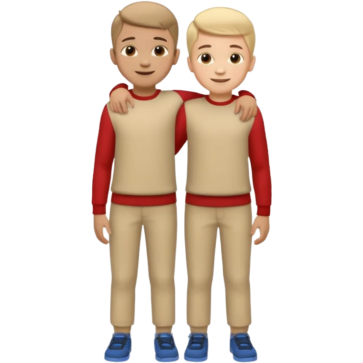 Two cartoon-style 2 boys with similar features, arms around each other's shoulders, smiling, matching outfits, standing close, white background, emoji style emoji