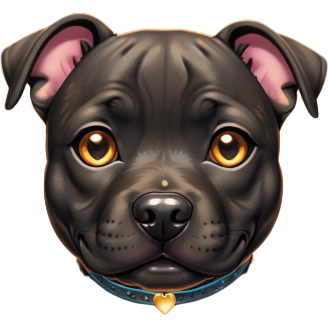 Cinematic Cute Black/Brindle Staffordshire Bull Terrier Portrait Emoji, Head tilted playfully and inquisitively, featuring a glossy Fur with a dynamic mix of black and brindle, round, sparkling dark eyes filled with curiosity, Simplified yet irresistibly adorable features, highly detailed, glowing with a warm, friendly glow, high shine, affectionate and spirited, stylized with a touch of whimsy, bright and endearing, soft glowing outline, capturing the essence of a mischievous yet loving pup, so playful it feels like it could bound out of the screen and into your arms! emoji