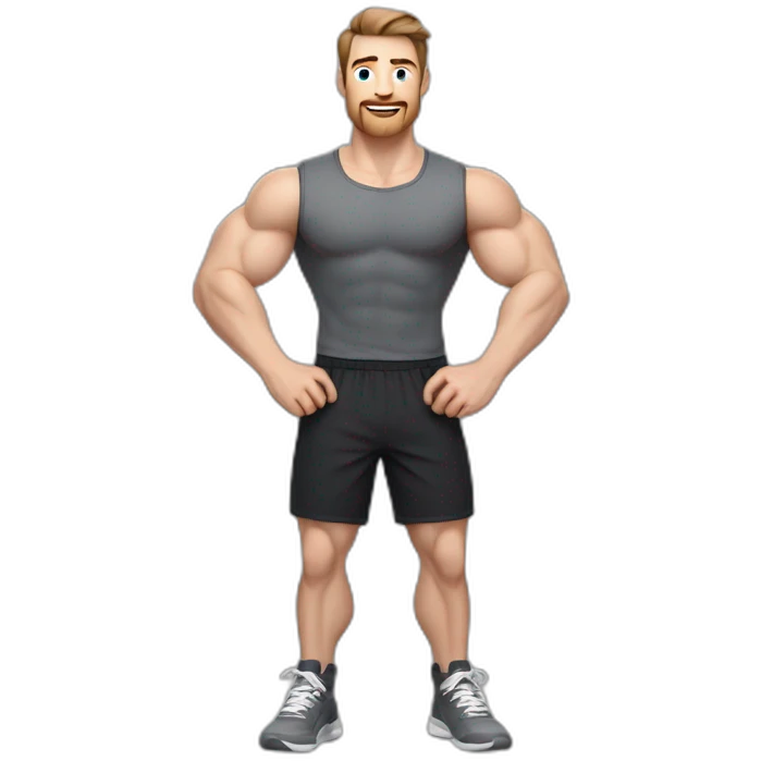 Close up Actively gesturing  with hands Pale skinned Fit Man With the biceps and brown hair in dark gray Sleeveless Mike, black oversize sports shorts, watch and white Sneakers emoji
