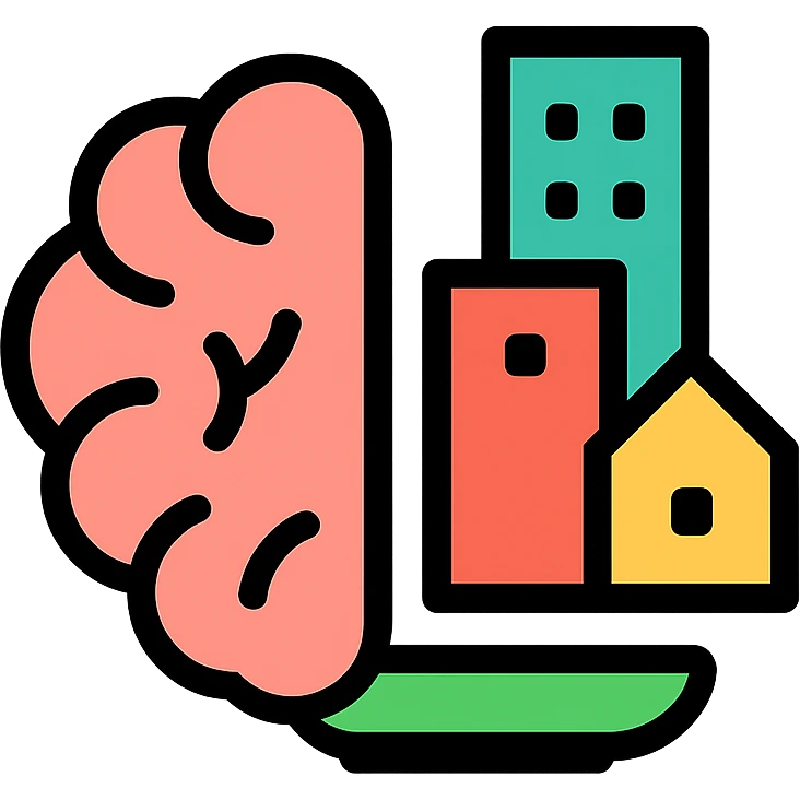 icon for local knowledge, with a brain and cityscape, modern style, colorful emoji