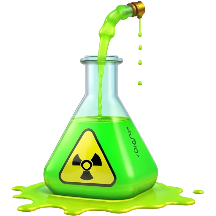 3D render of Spilled Flask, toxic waste aesthetic, neon green bubbling liquid, caution yellow metal, industrial warning texture. emoji