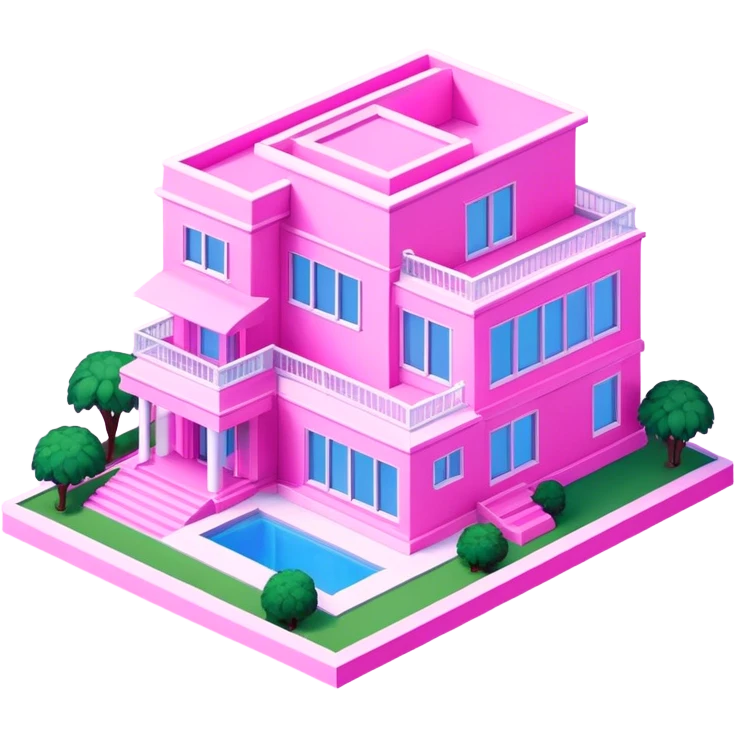 Barbie pink modern mansion, all pink, isometric exterior view  emoji