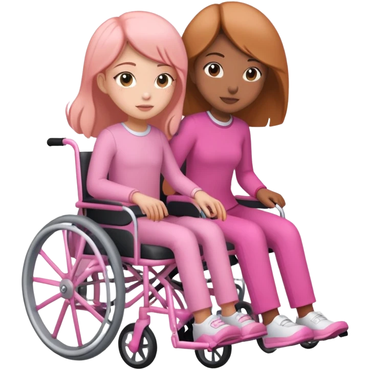 One peach skin sister pushing her light brown skin sister in a pink wheelchair emoji