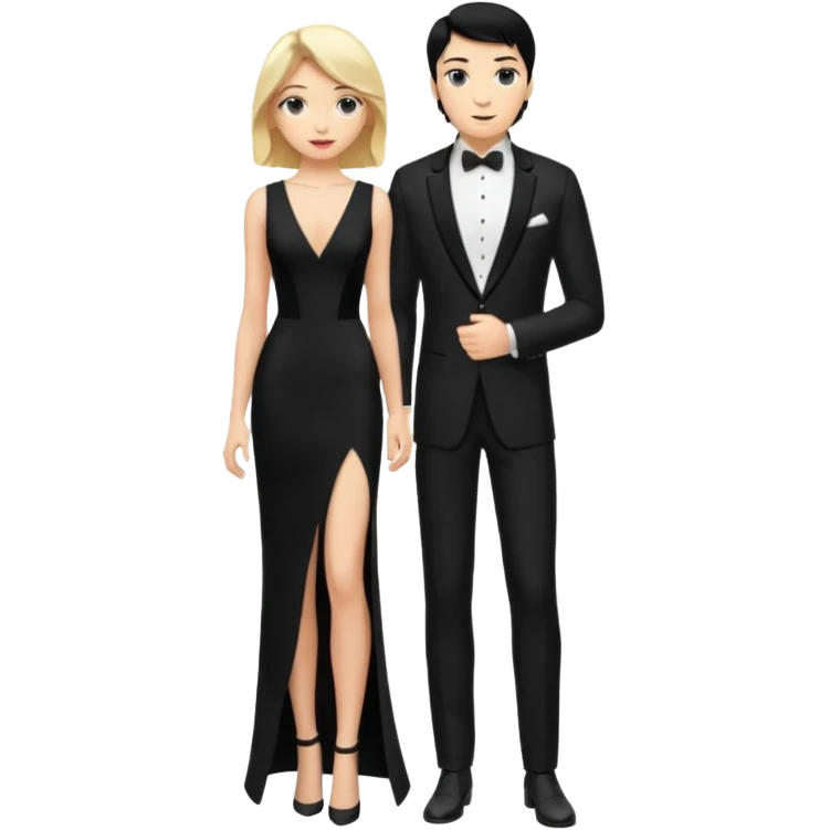 Blonde woman, black, Long, tight, sleveless Dress, Slot left Leg, man, black Hair, in Dinner jacket emoji