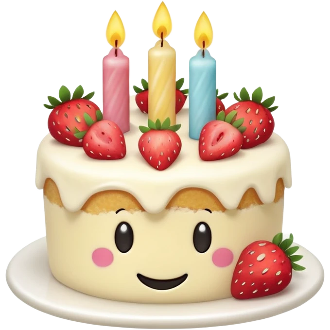 Jellycat vanilla cake with white frostting and strawberries on top with one candle with smiley face emoji