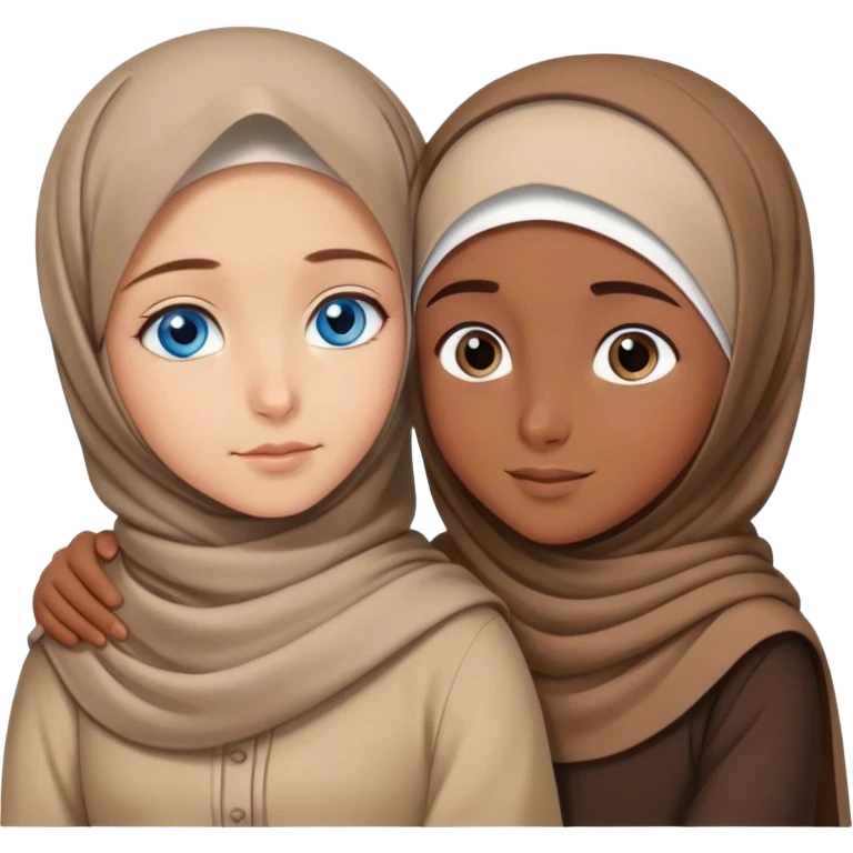 Turkish beautiful finish Konya girl blue eyes with brown beige hijab islamic dress and hugs with big brother  emoji