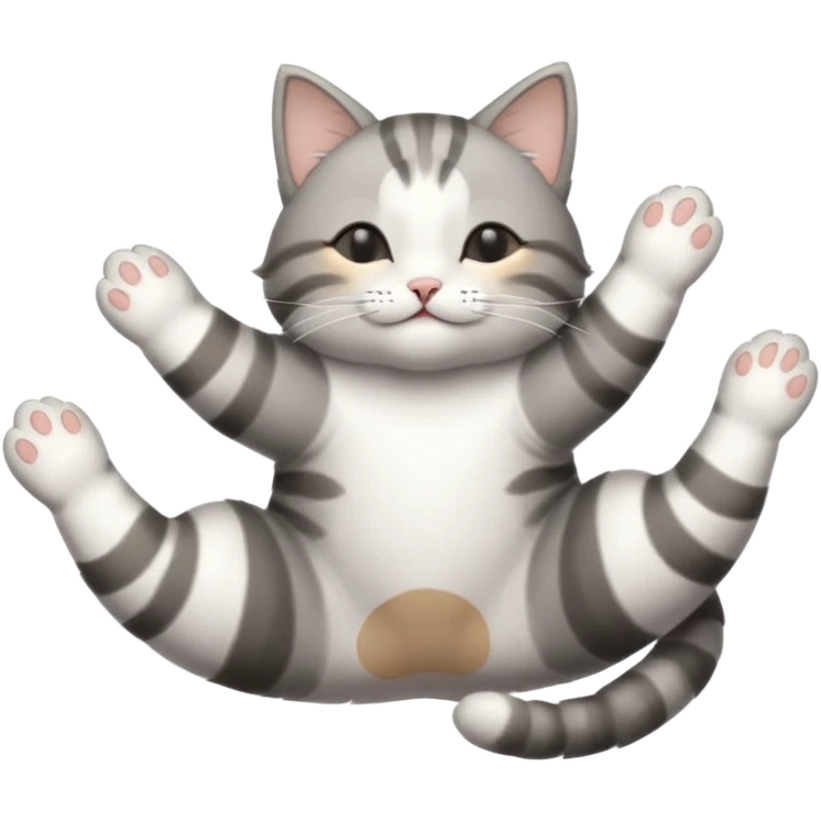 grey and white small cat eyes closed lying down upside down with paws stretched out straight in different directions emoji