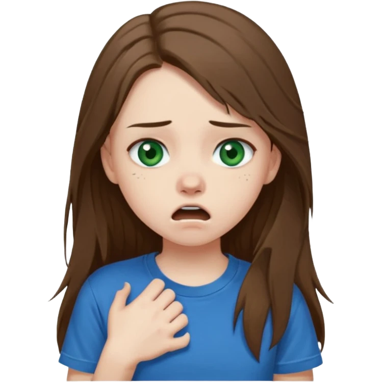 Cute girl with pale skin, long brown hair, dark green eyes and blue t shirt who is chocked emoji