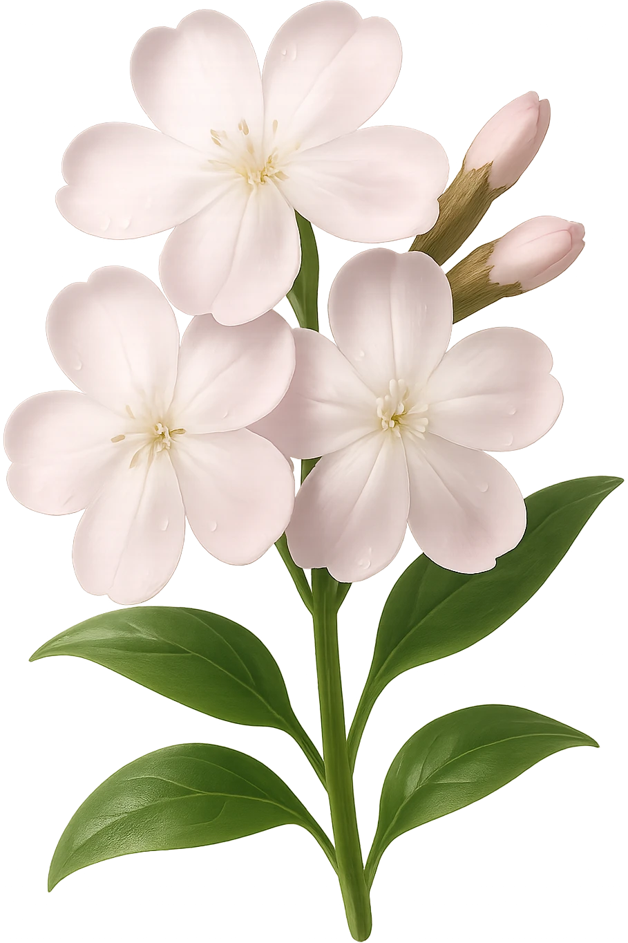 Create 3D iOS-style realistic soapwort (Saponaria) flowers with delicate pale pink petals, green stems and leaves, soft lighting, and a glossy effect. The image should have no background. Style: GPT Image. emoji