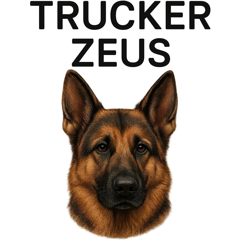 Make the German Shepherd dog more realistic, keep the words 'Trucker Zeus' over top, preserve the original style. Remove the background. The original style is a detailed illustration with text overlay. emoji