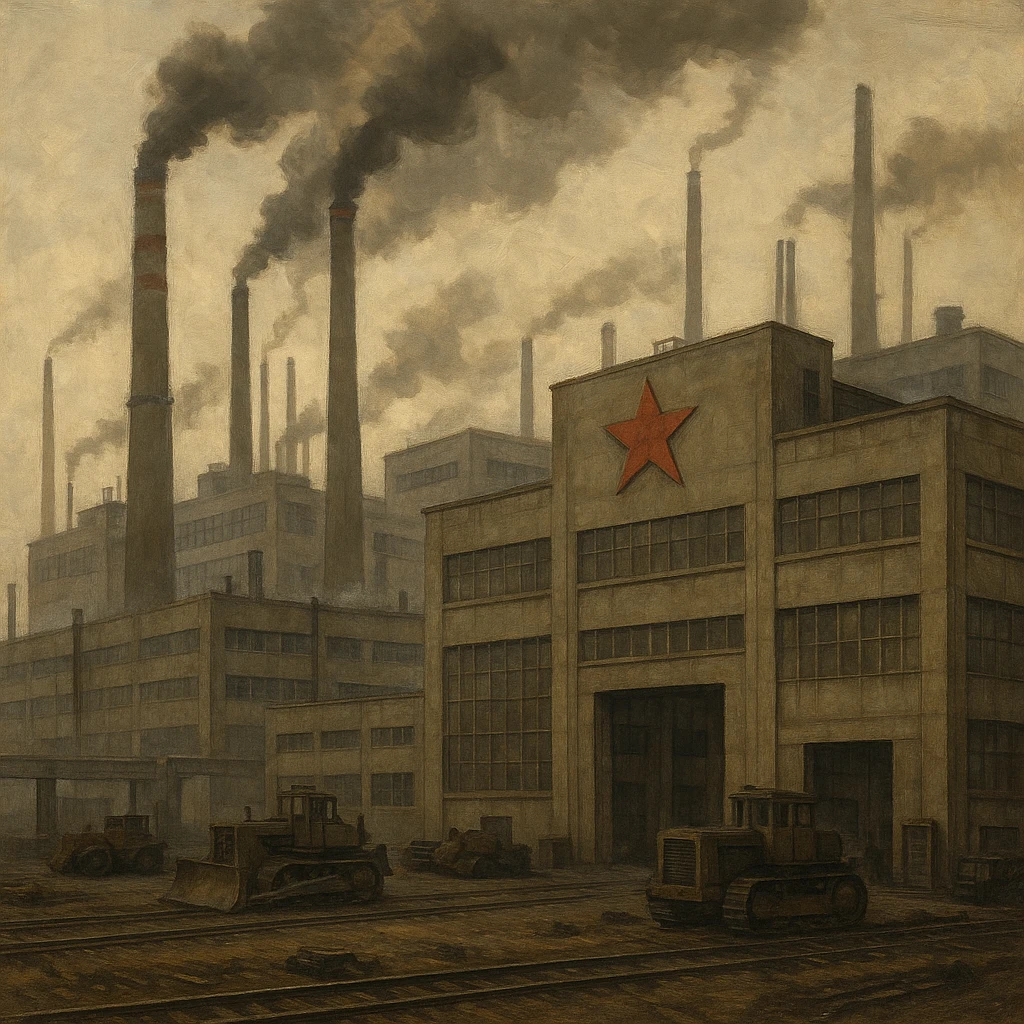 Soviet heavy equipment plant, industrial, smokestacks, red star, utilitarian architecture, industrial landscape emoji
