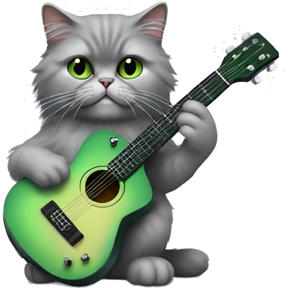 Gray Persian cat with green eyes playing guitar emoji