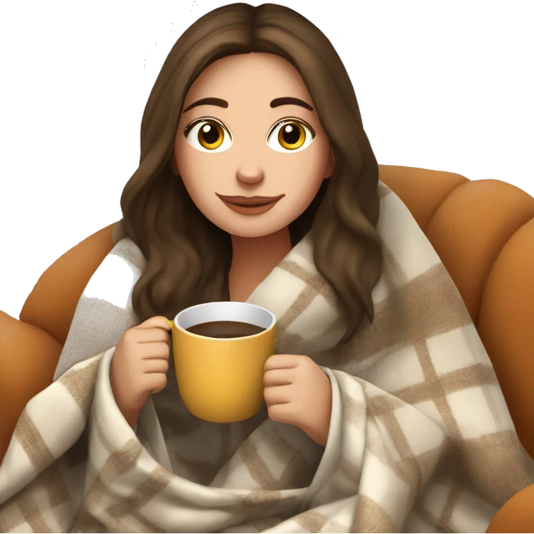 Brunette white girl covered in blanket autumn vibe sitting on a cozy chair holding coffee emoji