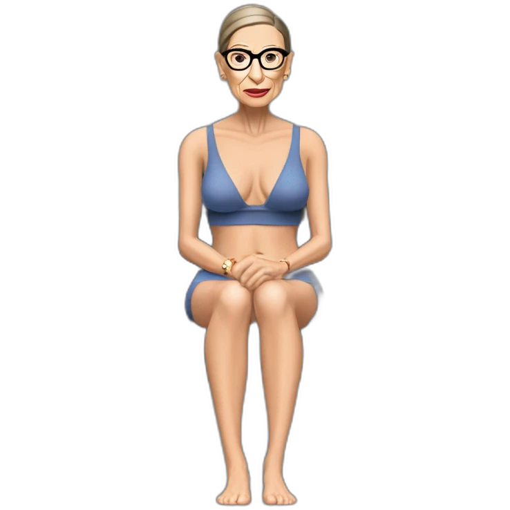 sexy ruth bader ginsburg wearing string bikini top and a skirt acting out that scene from basic instinct sitting facing forward legs apart(full body, ios17, sitting legs spread apart) emoji